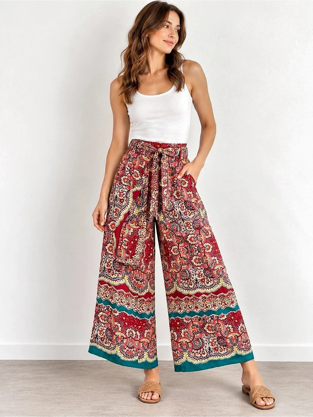Anthropologie Paisley Wide Leg Pants in Red & Green Size 2 Like New